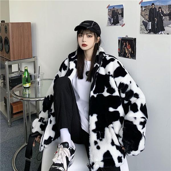 women's fur & faux coat korean fashion women autumn winter vintage stand collar kawaii jacket harajuku cows print loose outwear, Black
women's fur & faux coat korean fashion women autumn winter vintage stand collar kawaii jacket harajuku cows print loose outwear, Black