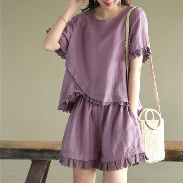 women's tracksuits cotton linen vintage women shorts suits summer loose ruffles t-shirts and wide leg female solid clothing, Gray
women's tracksuits cotton linen vintage women shorts suits summer loose ruffles t-shirts and wide leg female solid clothing, Gray