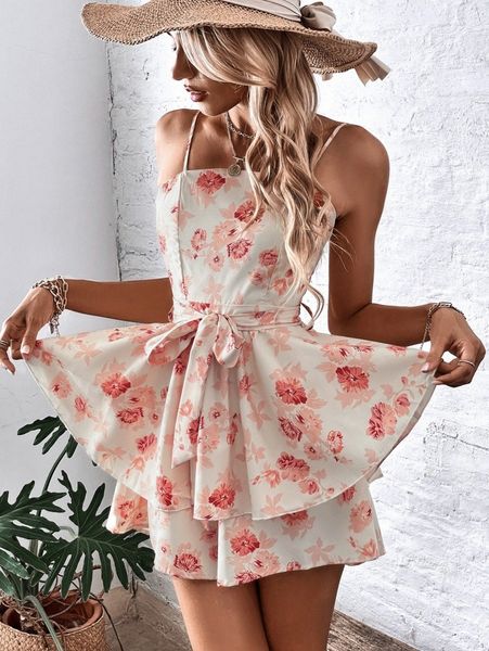random floral print tie backless cami romper l36m#, White