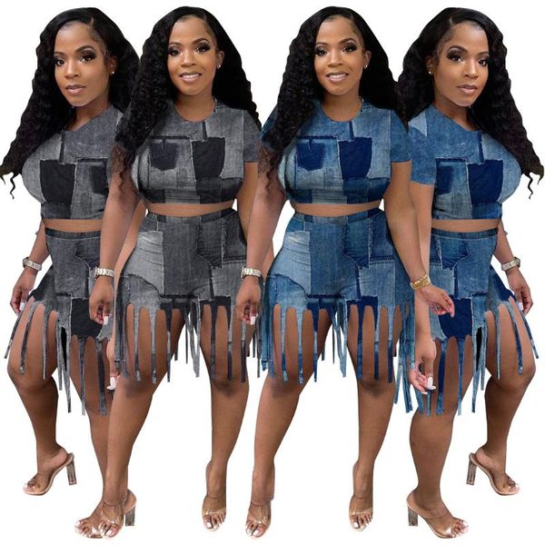 women's tracksuits 2021 style women denim round neck patchwork short sleeves t-shirt skinny tassels shorts lady clothing summer 2pcs, Gray
women's tracksuits 2021 style women denim round neck patchwork short sleeves t-shirt skinny tassels shorts lady clothing summer 2pcs, Gray