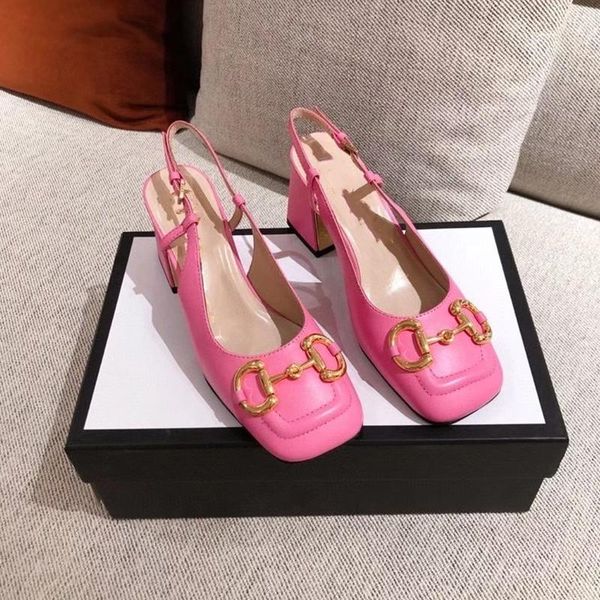 women's sandals spring 2021 new one-word buckle high heels women's square toe thick heel single shoes height 7.5cm shoes, Black