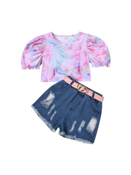 clothing sets kid's short jeans suit round neck puff sleeves tie-dyed elastic waist ripped with belt, White
clothing sets kid's short jeans suit round neck puff sleeves tie-dyed elastic waist ripped with belt, White
