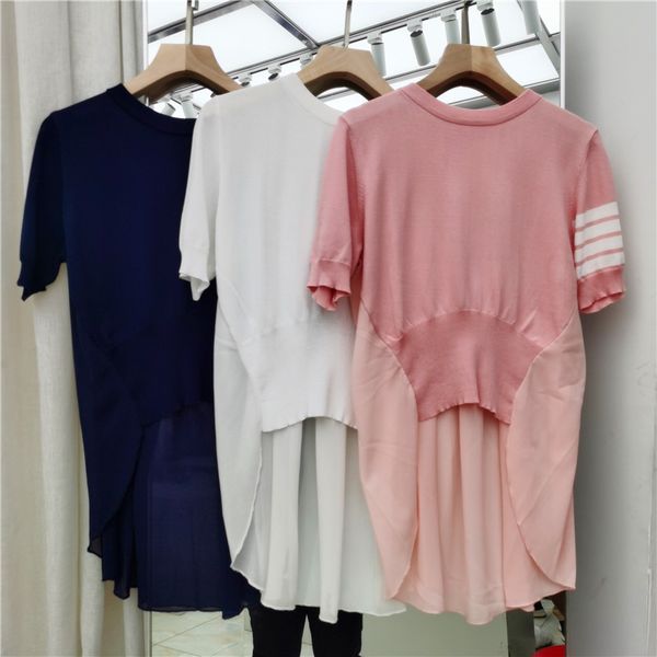 2021 summer new tb style round neck temperament fairy chiffon spell knitted women's top, White
2021 summer new tb style round neck temperament fairy chiffon spell knitted women's top, White