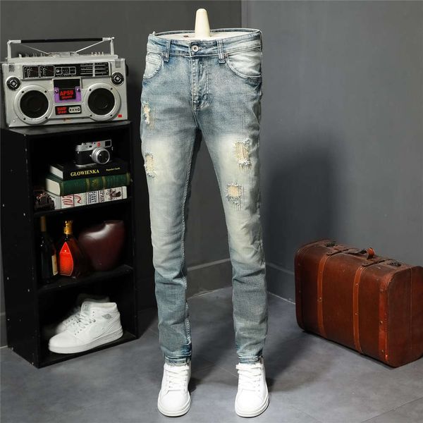 autumn and winter patched jeans fashion brand slim little foot elastic men's versatile casual pants nostalgic, Blue
autumn and winter patched jeans fashion brand slim little foot elastic men's versatile casual pants nostalgic, Blue