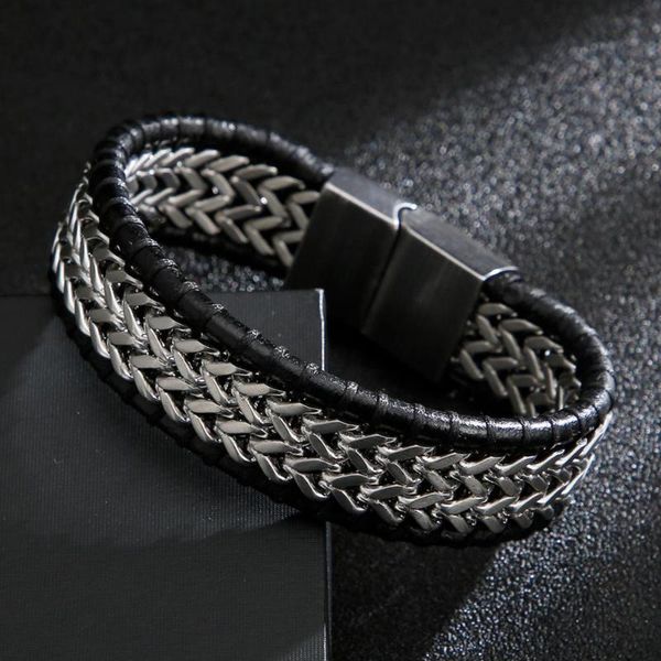 link, chain gothic men mesh link wide leather rope charm jewelry stainless steel male wrist band punk bracelets, Black
link, chain gothic men mesh link wide leather rope charm jewelry stainless steel male wrist band punk bracelets, Black