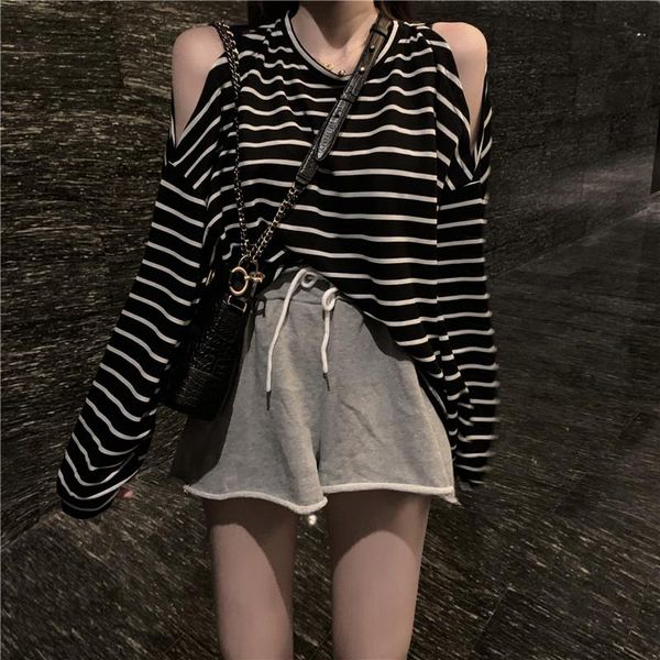 women's t-shirt casual loose full hollow out striped o-neck off shoulder clothing spring and autumn fashion t-shirts, White
women's t-shirt casual loose full hollow out striped o-neck off shoulder clothing spring and autumn fashion t-shirts, White