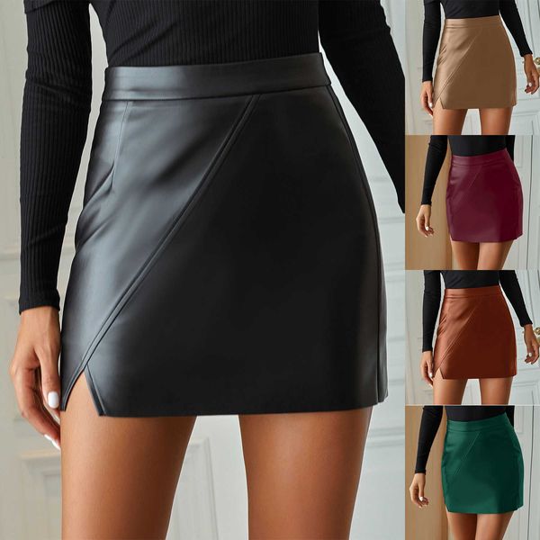 women pu split skirt panelled high waist a line solid color skirt ladies clothing, Black
women pu split skirt panelled high waist a line solid color skirt ladies clothing, Black