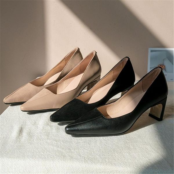 dress shoes 2021 women's pointed toe shallow pumps genuine leather chunky heels, Black
dress shoes 2021 women's pointed toe shallow pumps genuine leather chunky heels, Black
