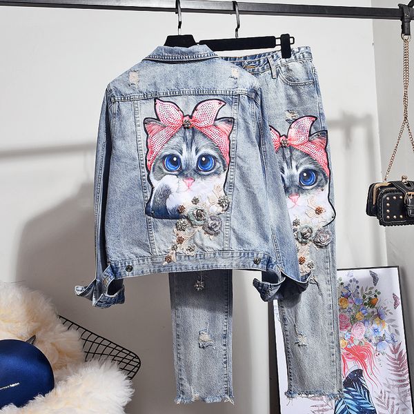 fashion beading cartoon cat sets female jeans jacket pencil pants two piece set women embroidery flowers holes denim suit 56wa, Blue
fashion beading cartoon cat sets female jeans jacket pencil pants two piece set women embroidery flowers holes denim suit 56wa, Blue