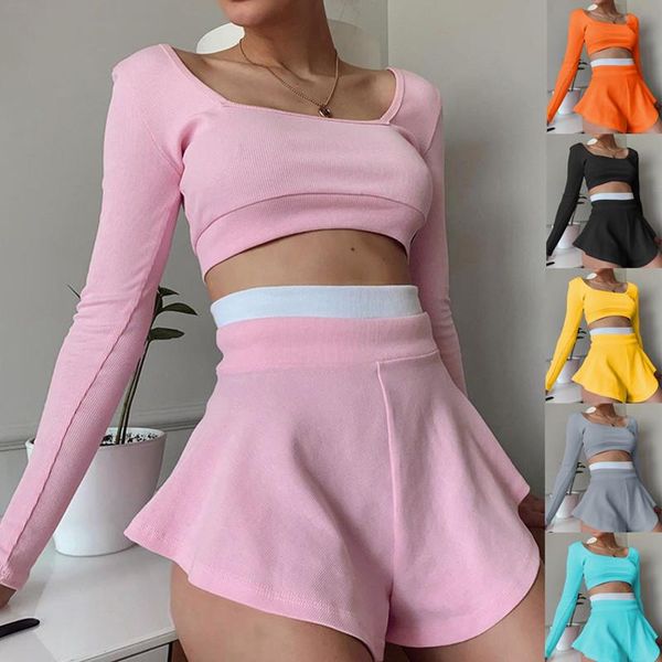 women's tracksuits 2021 summer pink solid 2 piece set outfit long sleeve short flare pantskirt rib knitting sport women sets, Gray
women's tracksuits 2021 summer pink solid 2 piece set outfit long sleeve short flare pantskirt rib knitting sport women sets, Gray
