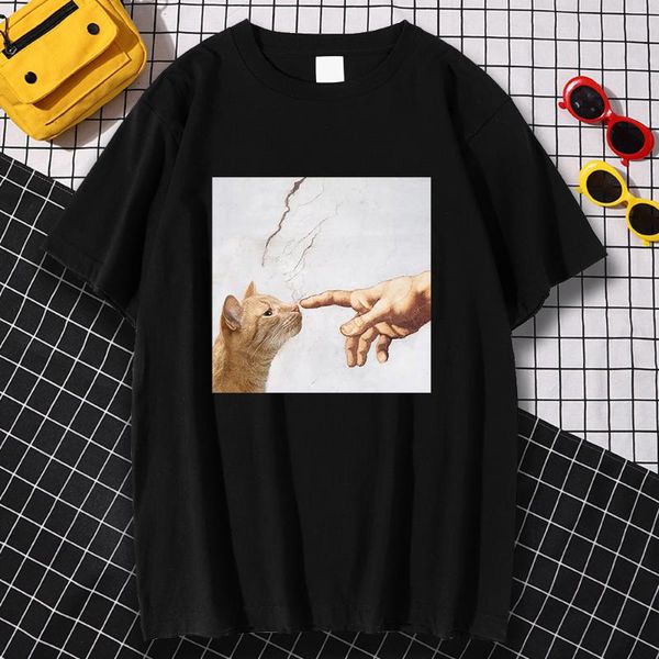 women's t-shirt the cat is sniffing owner's hand print mens crewneck loose breathable t shirt casual summer tshirt, White
women's t-shirt the cat is sniffing owner's hand print mens crewneck loose breathable t shirt casual summer tshirt, White