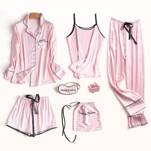 7pcs/5pcs pajamas set women silk summer pyjamas female long sleeve shirt pants handwork stitch lingerie striped sleepwear, Black;red
7pcs/5pcs pajamas set women silk summer pyjamas female long sleeve shirt pants handwork stitch lingerie striped sleepwear, Black;red