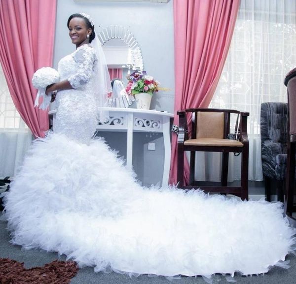 other wedding dresses mermaid bateau neck lace appliques beads 3/4 sleeves up back train tiered tulle formal bridal gowns, White
other wedding dresses mermaid bateau neck lace appliques beads 3/4 sleeves up back train tiered tulle formal bridal gowns, White
