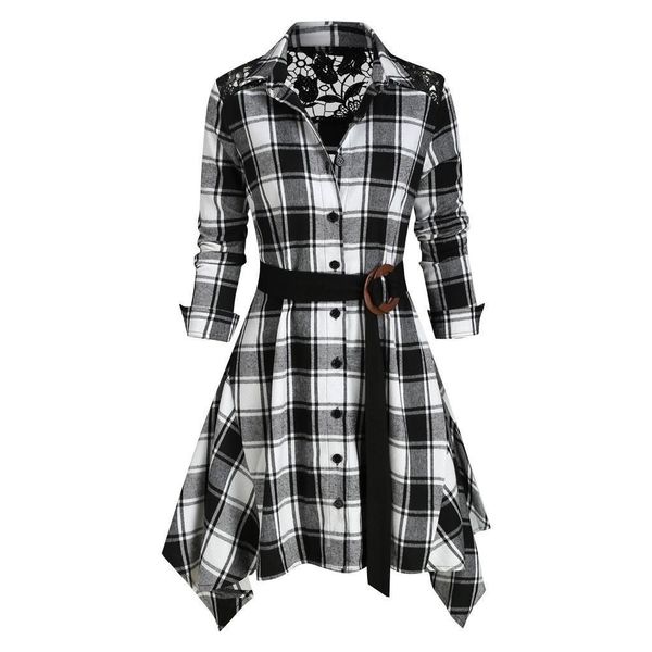 women loose long blouses long sleeve belted turn down collar shirt plaid print lace splice asymmetric feminina belt, White
women loose long blouses long sleeve belted turn down collar shirt plaid print lace splice asymmetric feminina belt, White