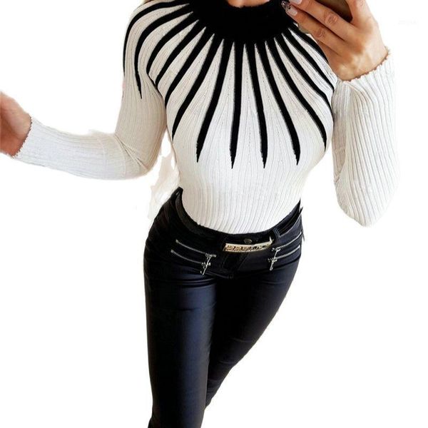 women's sweaters elegant women autumn winter color matching patchwork design high collar long sleeve print slim pullovers knitted top, White;black
women's sweaters elegant women autumn winter color matching patchwork design high collar long sleeve print slim pullovers knitted top, White;black