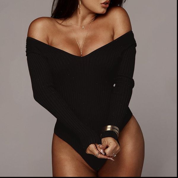 off shoulder long sleeve women bodysuit autumn winter kint black white blackless v neck body 
off shoulder long sleeve women bodysuit autumn winter kint black white blackless v neck body