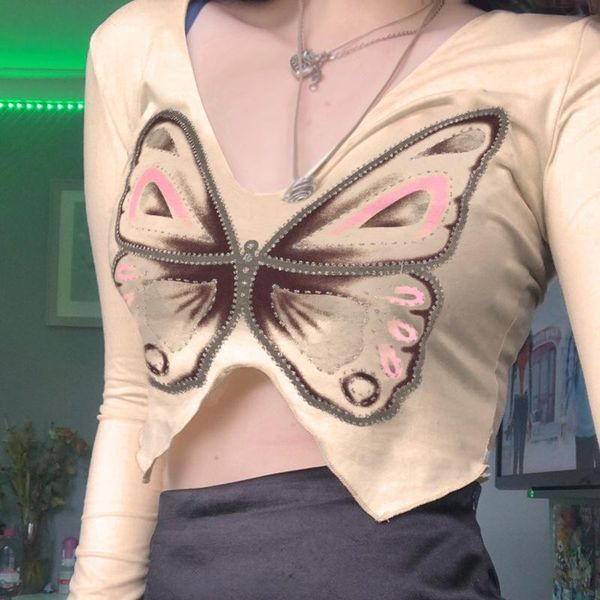 women's t-shirt combhasaki y2k women v neck crop long sleeve rhinestone butterfly graphic slim fit ruffled t-shirts, White
women's t-shirt combhasaki y2k women v neck crop long sleeve rhinestone butterfly graphic slim fit ruffled t-shirts, White