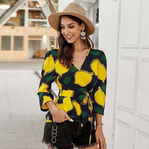 bohemian lemon printing women blouse elegant v-neck three quarter sleeve female ol shirts with belt w296 210526, White
bohemian lemon printing women blouse elegant v-neck three quarter sleeve female ol shirts with belt w296 210526, White