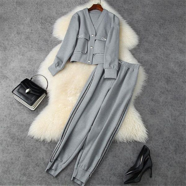 high street fashion women two piece outfits autumn winter diamonds v neck loose and pants suit ladies casual twinset, White
high street fashion women two piece outfits autumn winter diamonds v neck loose and pants suit ladies casual twinset, White