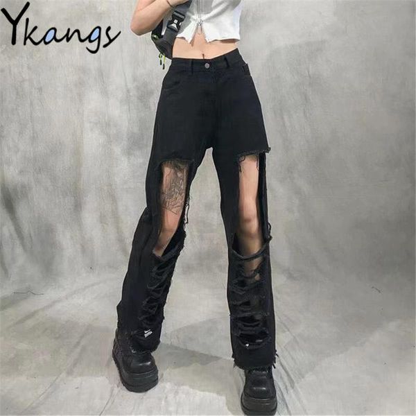 women's jeans black ripped hole hollow out high waist wide leg gothic punk harajuku streetwear women denim pants hip hop loose trousers, Blue 
women's jeans black ripped hole hollow out high waist wide leg gothic punk harajuku streetwear women denim pants hip hop loose trousers, Blue