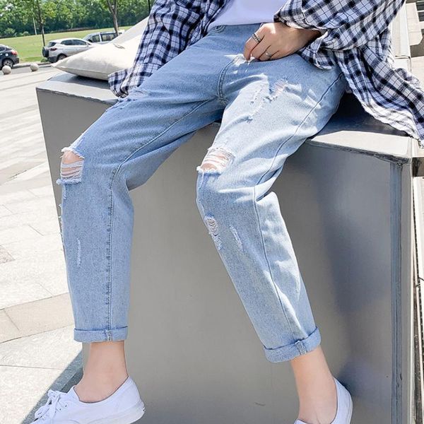 men's jeans ripped thin section straight loose light-colored nine-point casual long pants, Blue
men's jeans ripped thin section straight loose light-colored nine-point casual long pants, Blue