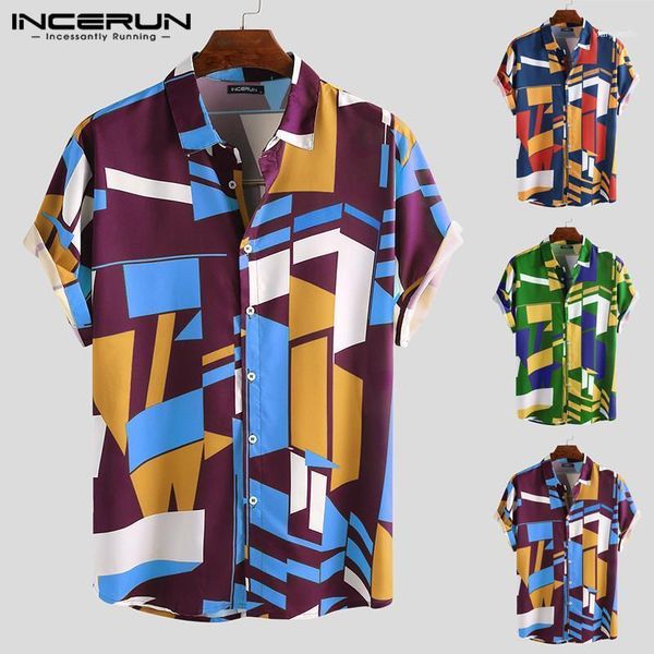 men's casual shirts incerun summer men hawaiian shirt geometric printed lapel short sleeve beach plus size 5xl camisa streetwear1, White;black 
men's casual shirts incerun summer men hawaiian shirt geometric printed lapel short sleeve beach plus size 5xl camisa streetwear1, White;black