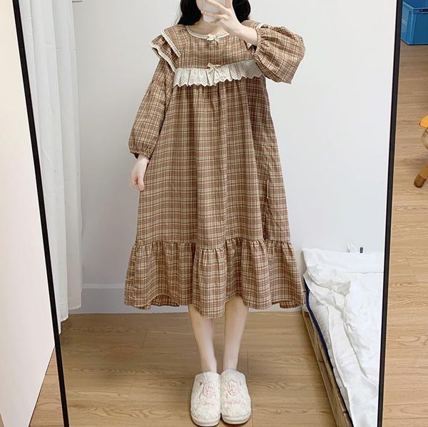 women's sleepwear vintage plaid nightgown women night dress lace embroidery long sleeve loose casual ruffles autumn spring home l704, Black;red
women's sleepwear vintage plaid nightgown women night dress lace embroidery long sleeve loose casual ruffles autumn spring home l704, Black;red