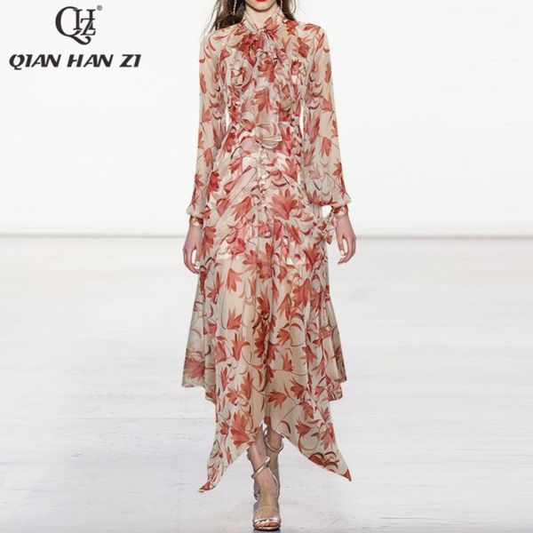 casual dresses qian han zi high-end customization summer asymmetrical maxi dress women lantern sleeves buttons print chiffon fashion long, Black;gray