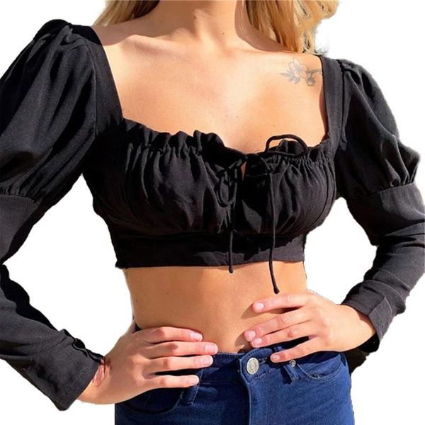women's t-shirt women casual long-sleeves pullover fashion solid color square collar lace up exposed navel, White
women's t-shirt women casual long-sleeves pullover fashion solid color square collar lace up exposed navel, White