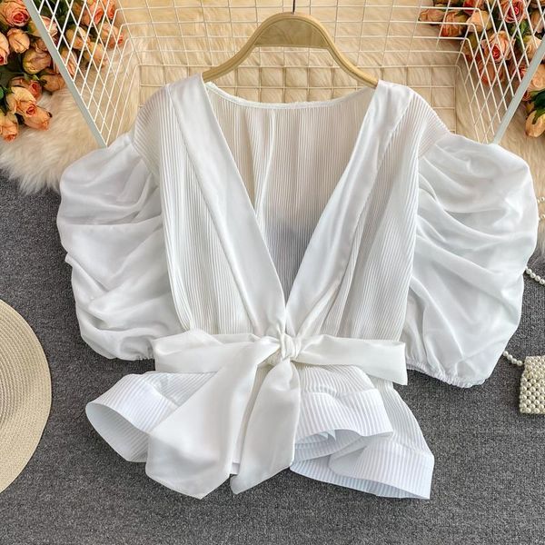 women's blouses & shirts puff short sleeve v-neck shirt summer ruffled lace-up pleated solid color night club streetwear plus size blou, White
women's blouses & shirts puff short sleeve v-neck shirt summer ruffled lace-up pleated solid color night club streetwear plus size blou, White