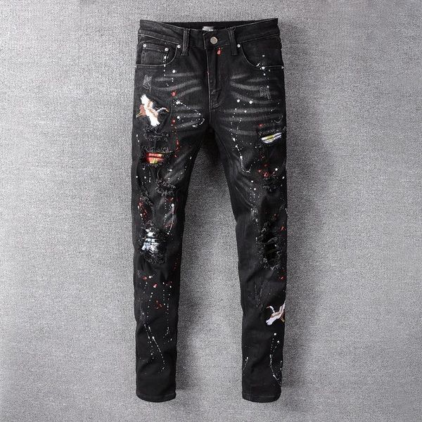 men's jeans black white patch holes ripped plus size 40 slim fit skinny distressed stretch denim pants 605, Blue
men's jeans black white patch holes ripped plus size 40 slim fit skinny distressed stretch denim pants 605, Blue