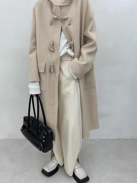 women's wool & blends 2021 fall winter luxury design 100% minimal casual street style loose hooded coat, Black
women's wool & blends 2021 fall winter luxury design 100% minimal casual street style loose hooded coat, Black