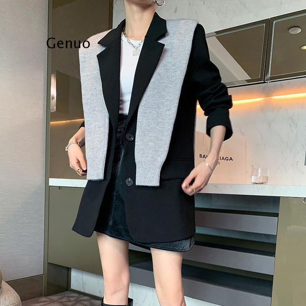 women's suits & blazers 2021 split kintted shawl black blazer for women streetwear long sleeved loose office lady small suit jacket coa, White;black
women's suits & blazers 2021 split kintted shawl black blazer for women streetwear long sleeved loose office lady small suit jacket coa, White;black