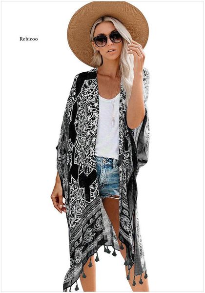 women's swimwear women bohemian printed fringed long kimono carfigan tunic beach wear and blouses boho shirts, White;black
women's swimwear women bohemian printed fringed long kimono carfigan tunic beach wear and blouses boho shirts, White;black