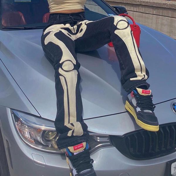 women's jeans 2021 skeleton skull print low rise women streetwear black denim trousers urban cyber ghetto baddie clothes goth pants fal, Blue 
women's jeans 2021 skeleton skull print low rise women streetwear black denim trousers urban cyber ghetto baddie clothes goth pants fal, Blue