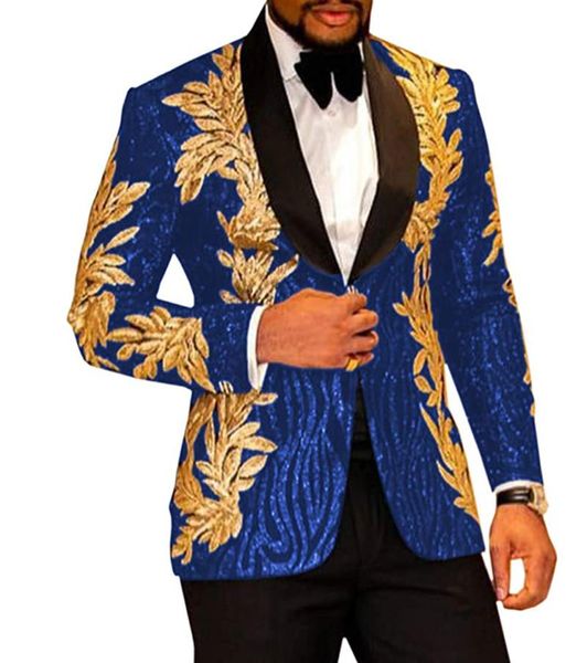 men's suits & blazers fashion suit 2 pieces royal blue slim shiny glitter gold applique prom dress jacket party set (blazer + pants), White;black
