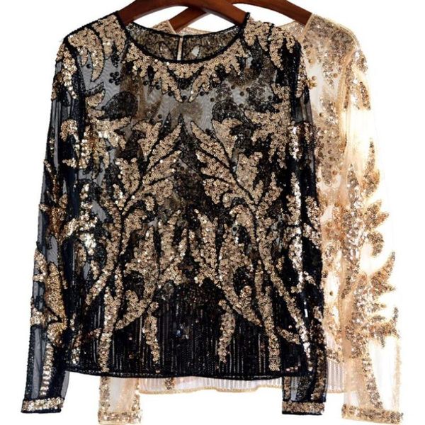 women's blouses & shirts luxury sequined lace women pattern beading blouse long sleeve blusas, White
women's blouses & shirts luxury sequined lace women pattern beading blouse long sleeve blusas, White