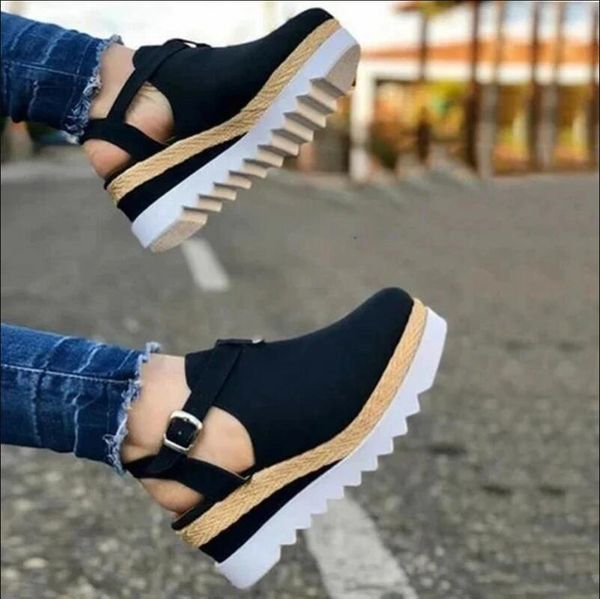 sandals women's vintage wedge shoes woman buckle strap straw thick bottom flats platform flock female shoesdf84, Black 
sandals women's vintage wedge shoes woman buckle strap straw thick bottom flats platform flock female shoesdf84, Black