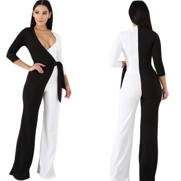 women's jumpsuits & rompers fashion v neck patchwork women jumpsuit full length bow sashes overalls for s3456, Black;white
women's jumpsuits & rompers fashion v neck patchwork women jumpsuit full length bow sashes overalls for s3456, Black;white