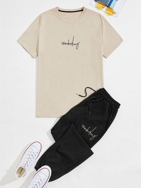 men letter graphic tee & drawstring waist sweatpants 12g5#, Gray 
men letter graphic tee & drawstring waist sweatpants 12g5#, Gray