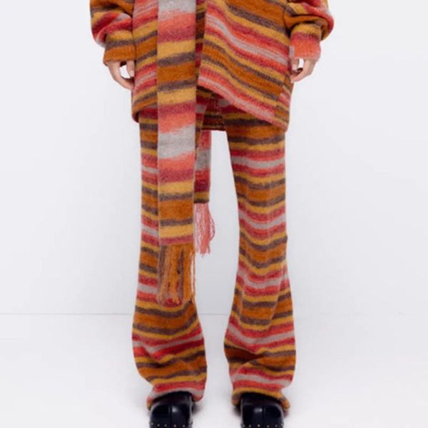 women's pants & capris vintage striped knitted autumn y2k rainbow embroidery elastic high waist streetwear causal slim female trousers, Black;white 
women's pants & capris vintage striped knitted autumn y2k rainbow embroidery elastic high waist streetwear causal slim female trousers, Black;white