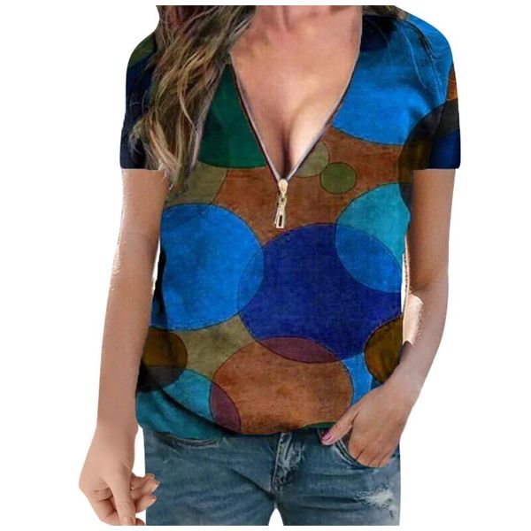women's t-shirt short-sleeved v-neck geometric printed casual zipper vintage t-shirts plus size undefined female clothing, White
women's t-shirt short-sleeved v-neck geometric printed casual zipper vintage t-shirts plus size undefined female clothing, White