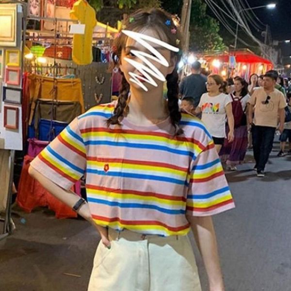 women's t-shirt fashion rainbow summer casual t shirt short sleeve o-neck striped flower loose tee, White
women's t-shirt fashion rainbow summer casual t shirt short sleeve o-neck striped flower loose tee, White