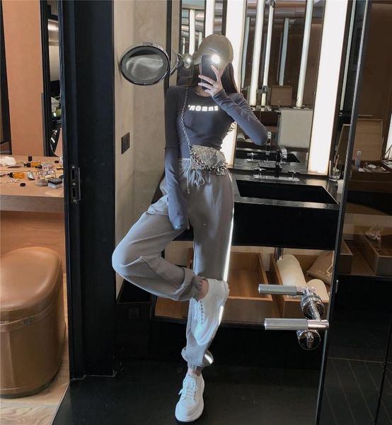 women's two piece pants reflective letter printing long sleeve round collar t-shirt + knitted strip stitching trousers and sports suit, White
women's two piece pants reflective letter printing long sleeve round collar t-shirt + knitted strip stitching trousers and sports suit, White