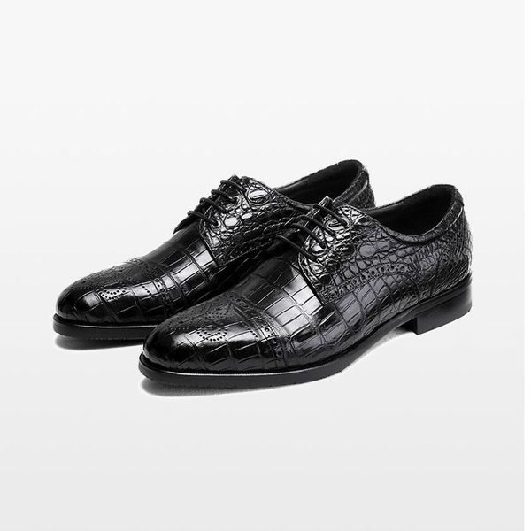 dress shoes genuine crocodile belly skin businessmen hollow-cut authentic alligator leather male fancy lace-up point toe, Black