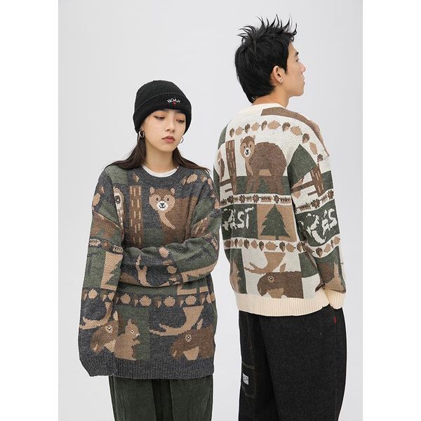 men's sweaters japanese forest art retro korean version cute bear zoo tide brand sweater men, White;black
men's sweaters japanese forest art retro korean version cute bear zoo tide brand sweater men, White;black
