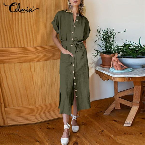 casual dresses fashion women long dress celmia 2021 summer solid buttons short sleeve belted party pockets work robe, Black;gray
casual dresses fashion women long dress celmia 2021 summer solid buttons short sleeve belted party pockets work robe, Black;gray
