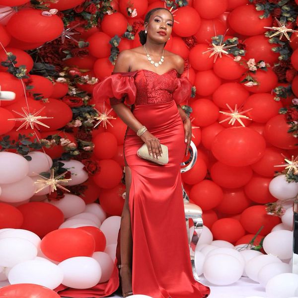 red mermaid side split bridesmaid dresses off the shoulder neck short sleeves wedding guest dress sweep train satin maid of honor gowns, White;pink
red mermaid side split bridesmaid dresses off the shoulder neck short sleeves wedding guest dress sweep train satin maid of honor gowns, White;pink