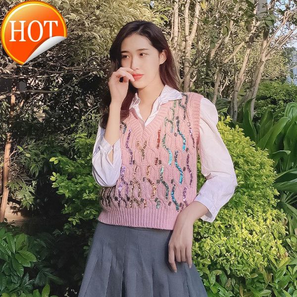 women's vests autumn and winter diamond studded heavy industry sequin v-neck vest pullover sweater pink temperament, Black;white
women's vests autumn and winter diamond studded heavy industry sequin v-neck vest pullover sweater pink temperament, Black;white