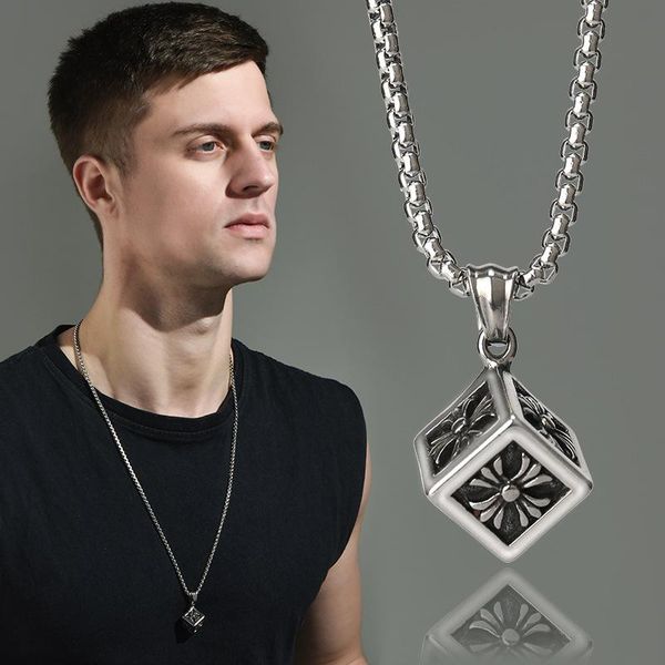 chains necklace for men men's fashion hip hop retro geometric cube titanium steel pendant clothing accessories, Silver